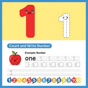A children's educational worksheet with a smiling red number one, a dotted outline of the same number, and a counting exercise with an apple illustration