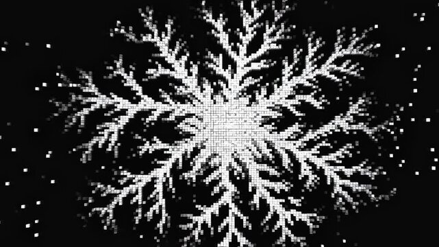 Intricate frost pattern resembling a snowflake on a dark background with scattered light.