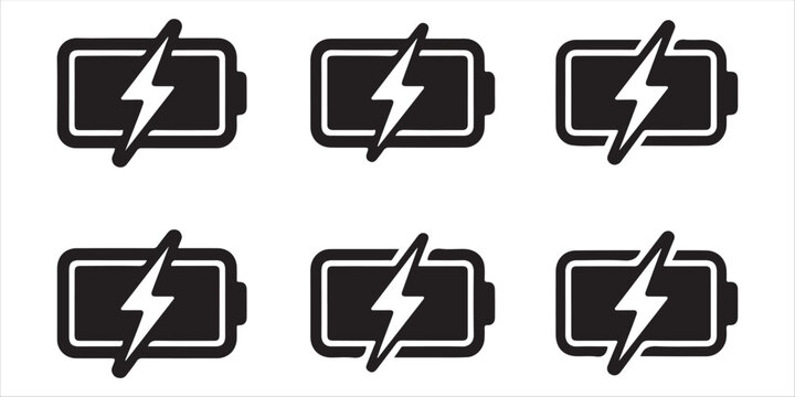 Battery charging with lightning bolt sign line vector set isolated on transparent background.