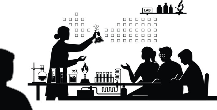 Silhouette of students and teacher in science lab with equipment isolated on white background in black silhouette style
