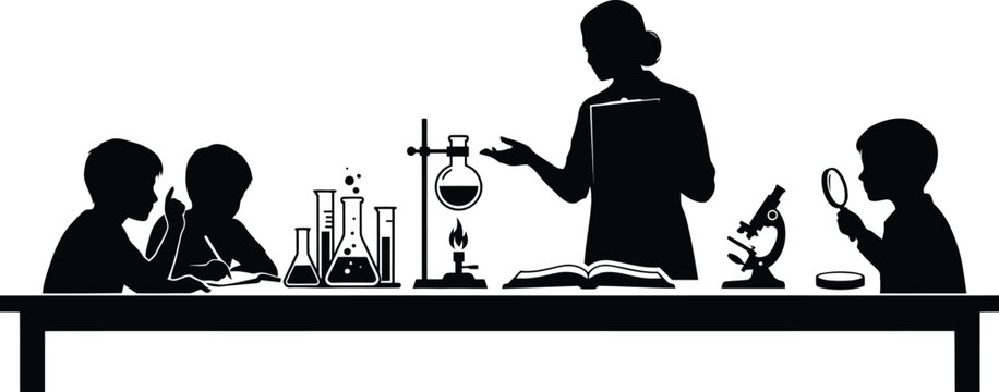 Silhouette of teacher and students in science classroom with lab equipment on table isolated on white background