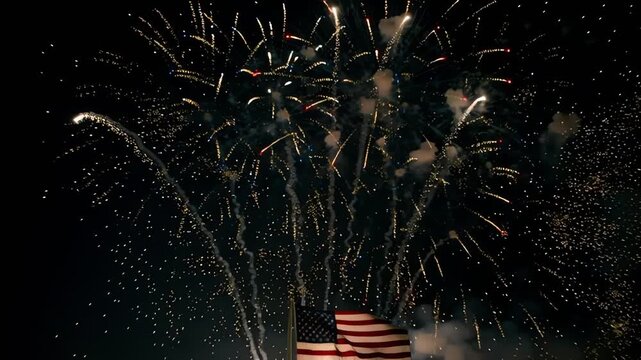 Patriotic United States flag illuminated by colorful fireworks during the 250th independence anniversary celebration