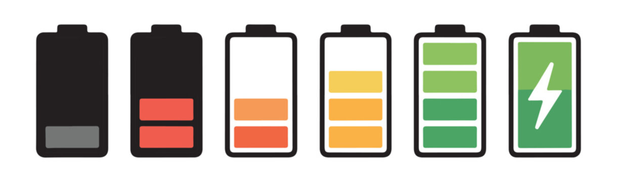 Set of battery charge level indicators with lightning bolt charging icon for mobile phone interface.
