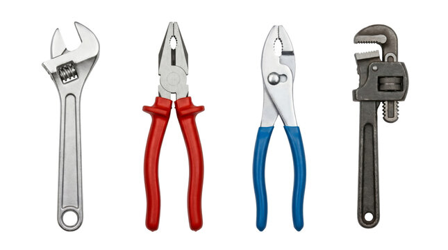 Collection of mechanical repair hand tools featuring adjustable wrenches and colored pliers isolated on transparent background.