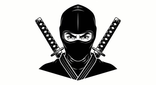 Detailed black and white vector illustration of a mysterious masked ninja warrior featuring sharp eyes and two traditional crossed katana swords on a white background