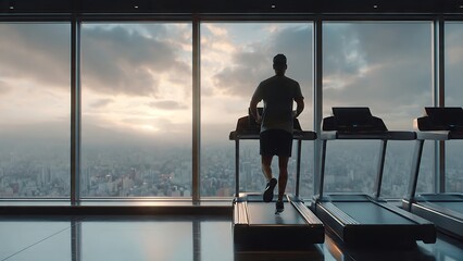 Fototapeta premium Man running on treadmill in high-rise gym overlooking city skyline
