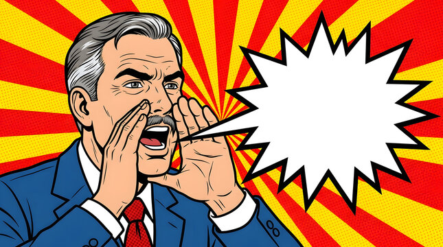 Man Shouting In Suit Pop Art Vector Illustration With Radial Background announcement angry appeal arguing