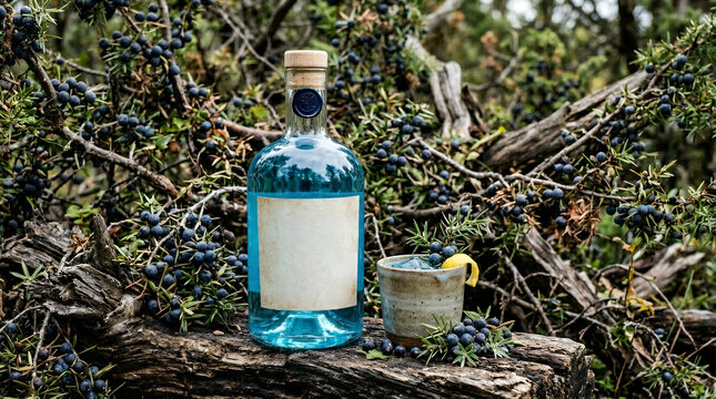 Blue gin bottle with glass and lemon slice on natural background
