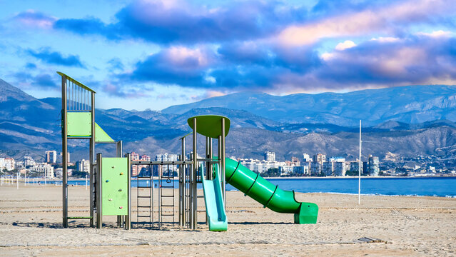 A playground in a sandy beach in Costa Blance, Spain