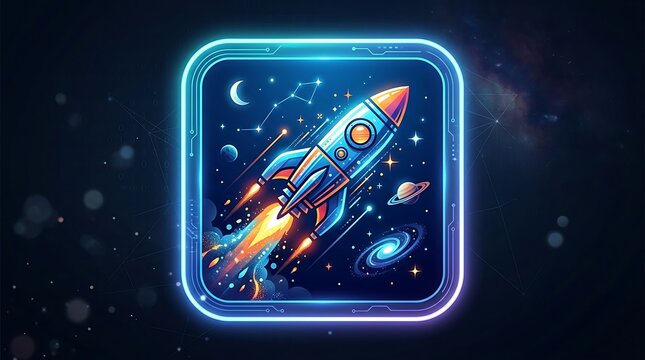 Cartoon rocket ship launching into space inside a glowing square frame with planets stars and a spiral galaxy background