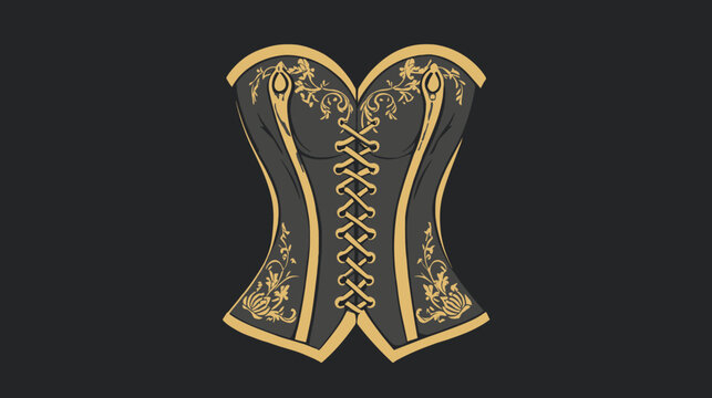 Dark grey leather corset with gold trim, frilled edges, ornate golden vines and floral detailing along seams, laces down center, cinched waist, decorative accents at hem and collar, black background