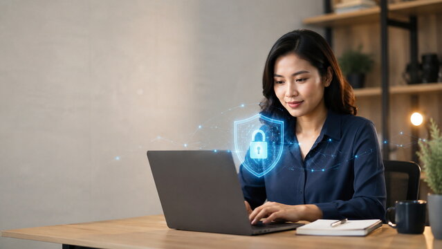 Small business owner using cybersecurity protection concept