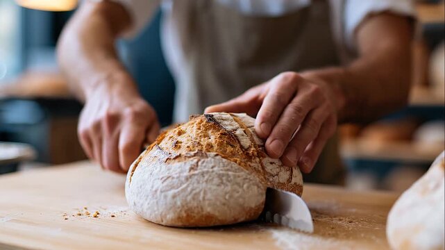 A baker prepares softly calm fresh bread at a bright sunny bakery in soft daylight bread baking open face bright bakery daylight works 3