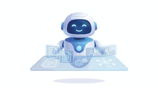 Cute white and blue AI robot interacting with a digital holographic interface.