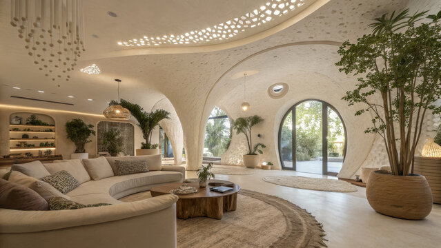 Modern living room biodesign with arched windows in light tones