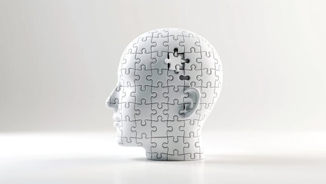 wooden profile silhouette puzzle with missing pieces for mental health awareness