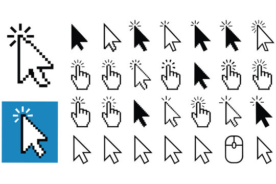 Cursor vector icon. click arrow or hand pointer with different styles illustration set