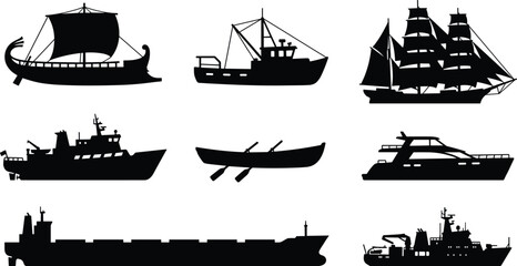 Obraz premium Set of diverse ship and boat silhouettes including cargo vessel yacht sailboat fishing trawler rowboat and ancient galley.