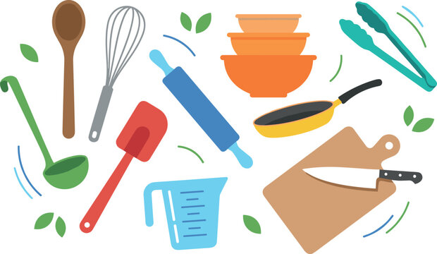 Kitchen utensils and cooking tools vector illustration set featuring wooden spoon wire whisk rolling pin spatula ladle measuring cup pan board and knife.