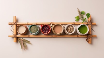 Naklejka premium Assortment of Wellness Powders on Bamboo Shelf: A selection of vibrant.
