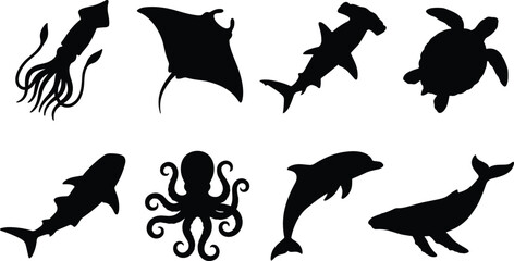 Collection of marine life and sea creature black silhouettes including shark whale dolphin octopus turtle manta ray and squid. © MdMonjurul