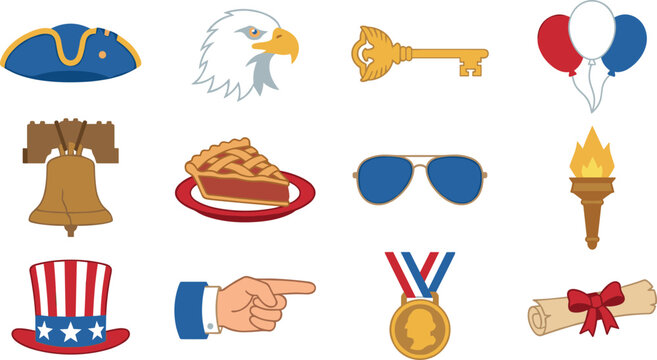 American patriotic culture vector illustration set featuring liberty bell bald eagle uncle sam hat scroll liberty torch medal sunglasses and balloons.