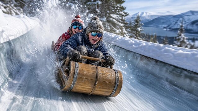 toboggan. A wooden toboggan speeds down an icy chute, spraying snow into the air. event key visuals, club posters, designed for fitness apps and gym onboarding, used by event planners.