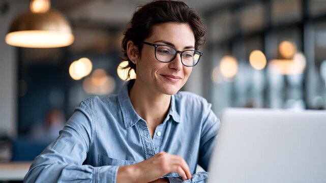 An engineer reviews softly a calm project on a bright laptop at a modern office in soft daylight project review open face bright office 2