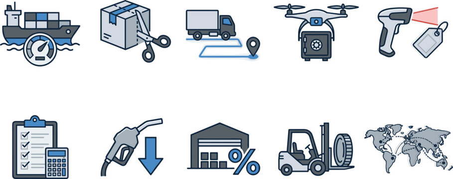 Global Logistics and Supply Chain Operations Icon Set Featuring Cargo Transport, Warehouse Management, Delivery Tracking, Drone Inspection, and Inventory Control
