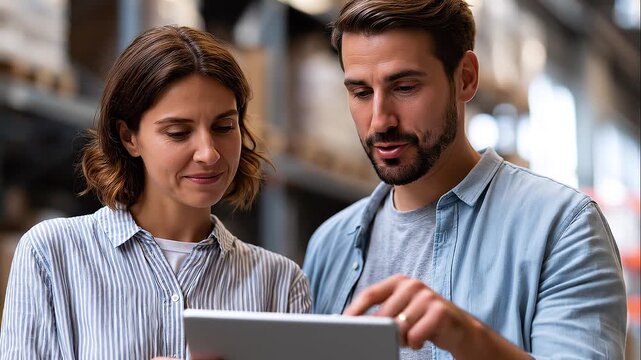 Warehouse employees use softly a digital tablet taking calm inventory in a bright warehouse in soft daylight inventory tablet open faces 3