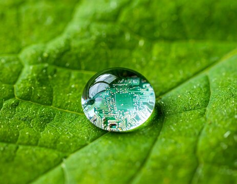 A clear water droplet on a vibrant green leaf reflects a circuit board