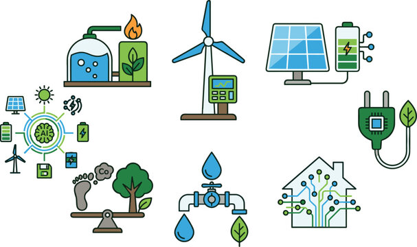 Renewable Energy and Smart Sustainability Icon Set Featuring Solar Power, Wind Turbines, Smart Grids, Water Conservation, and Green Technology Solutions