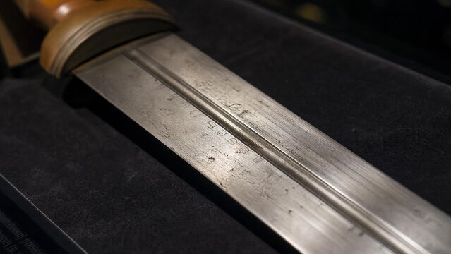 gladius. Ancient rust-pitted Roman gladius displayed on dark velvet, extreme close-up on the blade. event programs, museum guides, designed for cultural heritage projects and event programs.