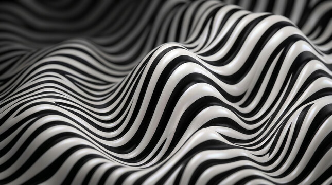 Abstract black and white wavy background, 3D monochromatic liquid ripples, optical illusion zebra pattern with smooth flowing curves