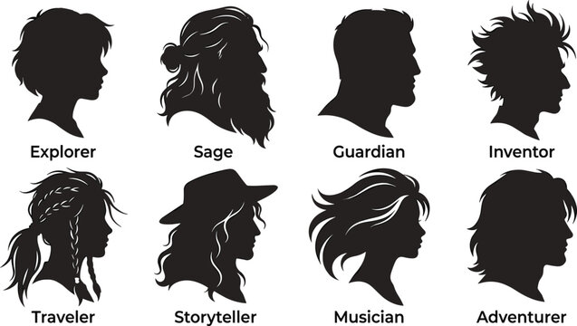 Set of male and female character profile silhouettes with descriptive personality archetypes isolated on white background