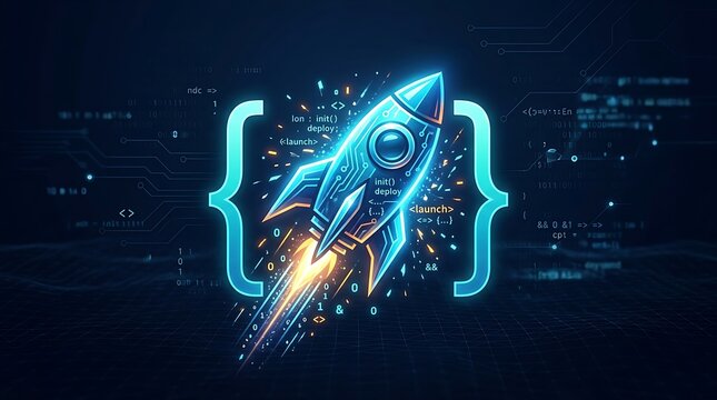Software development rocket launching through glowing curly brackets with binary code streams and digital circuit board patterns in dark blue