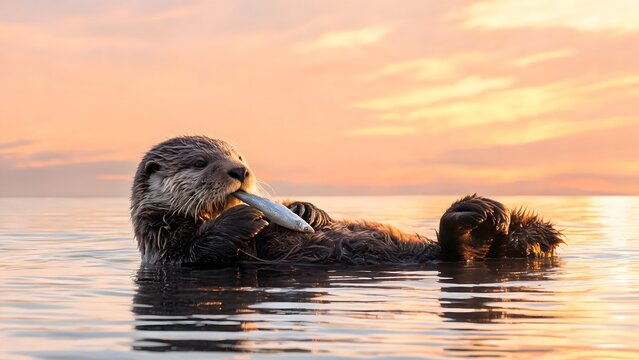 Sea otter eating fish in water