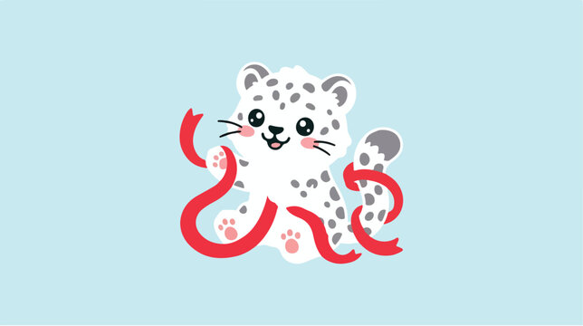 Cute cartoon snow leopard playing with a red ribbon.