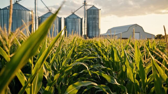 Lush green cornfield rows at sunset with large agricultural grain silos and a barn in the background