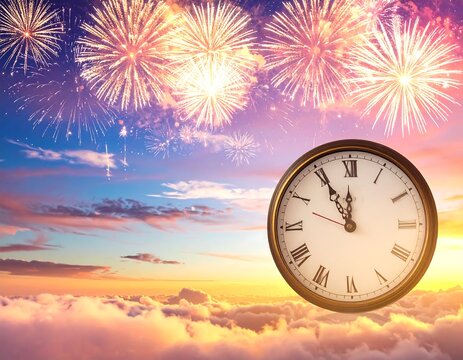 A clock strikes midnight amidst vibrant fireworks in a cloudy sky
