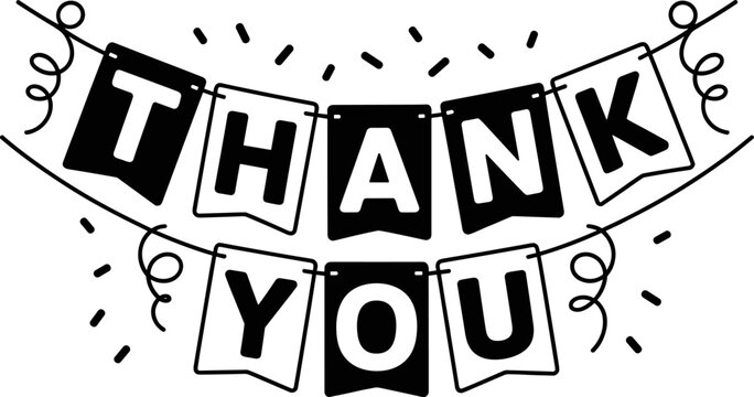 Black and white illustration of a festive thank you banner on a string