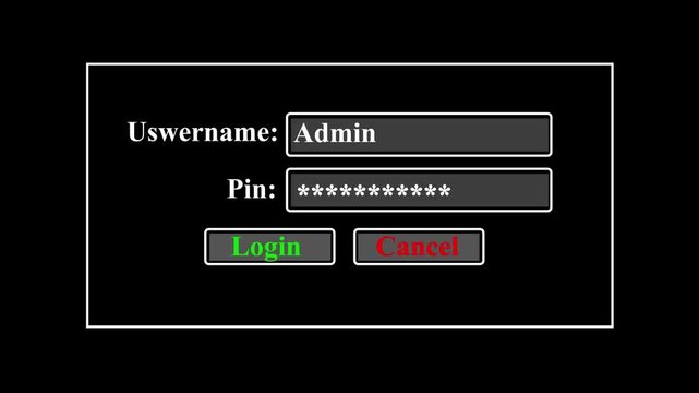 Login screen interface with username and password fields on a black background.