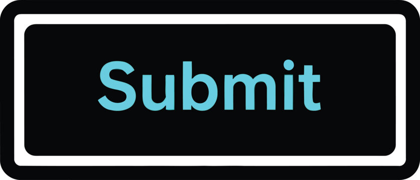 Close-up of a black submit button with glowing cyan text and white border on a white background