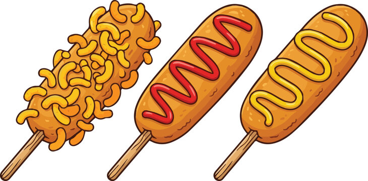Street Food Corn Dog Collection: Three Varieties Featuring Crispy Potato-Coated Sausage, Classic Hot Dog with Ketchup Drizzle, and Mustard-Topped Corn Dog, Perfect for Casual Dining Vector Graphics