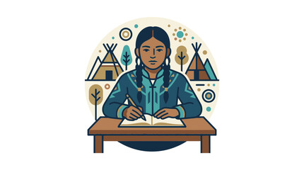 Native American girl studying at a desk with traditional teepees in background illustration © kuda