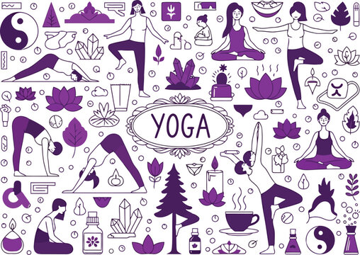 Purple yoga seamless pattern with hand drawn fitness icons, meditation poses, wellness symbols and lifestyle elements