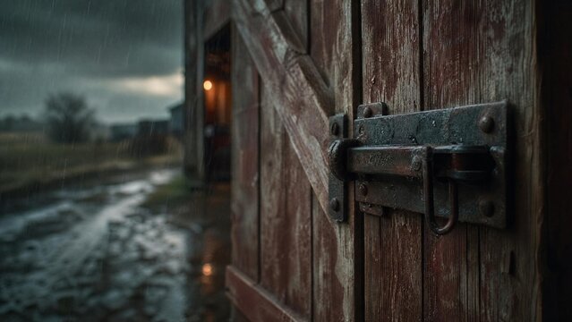 hasp. Weathered barn door with a heavy metal hasp swaying in a rainy atmosphere. real-estate listings, architecture portfolios, designed for architectural facade and classical detail presentations.
