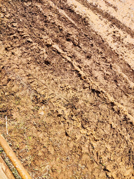 Muddy off-road track at an outbound adventure area, marked by tire ruts from vehicles and motorcycles, showcasing challenging terrain conditions and outdoor recreational activities on a sunny day.