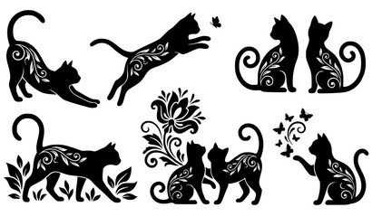Decorative black cats in elegant artistic poses isolated ornamental feline vector illustration collection © Madhobe