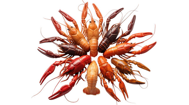 Circular arrangement of cooked red, orange, and brown crawfish on a black background, creating a radial pattern of seafood for food
